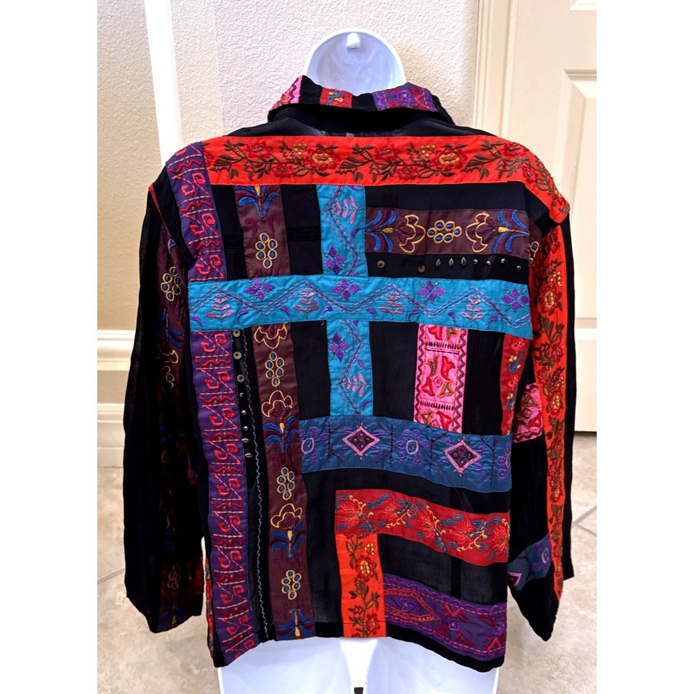 Chicos Patchwork Embroidered Button Front Jacket Multi Color Boho Size 2 - Picture 4 of 10